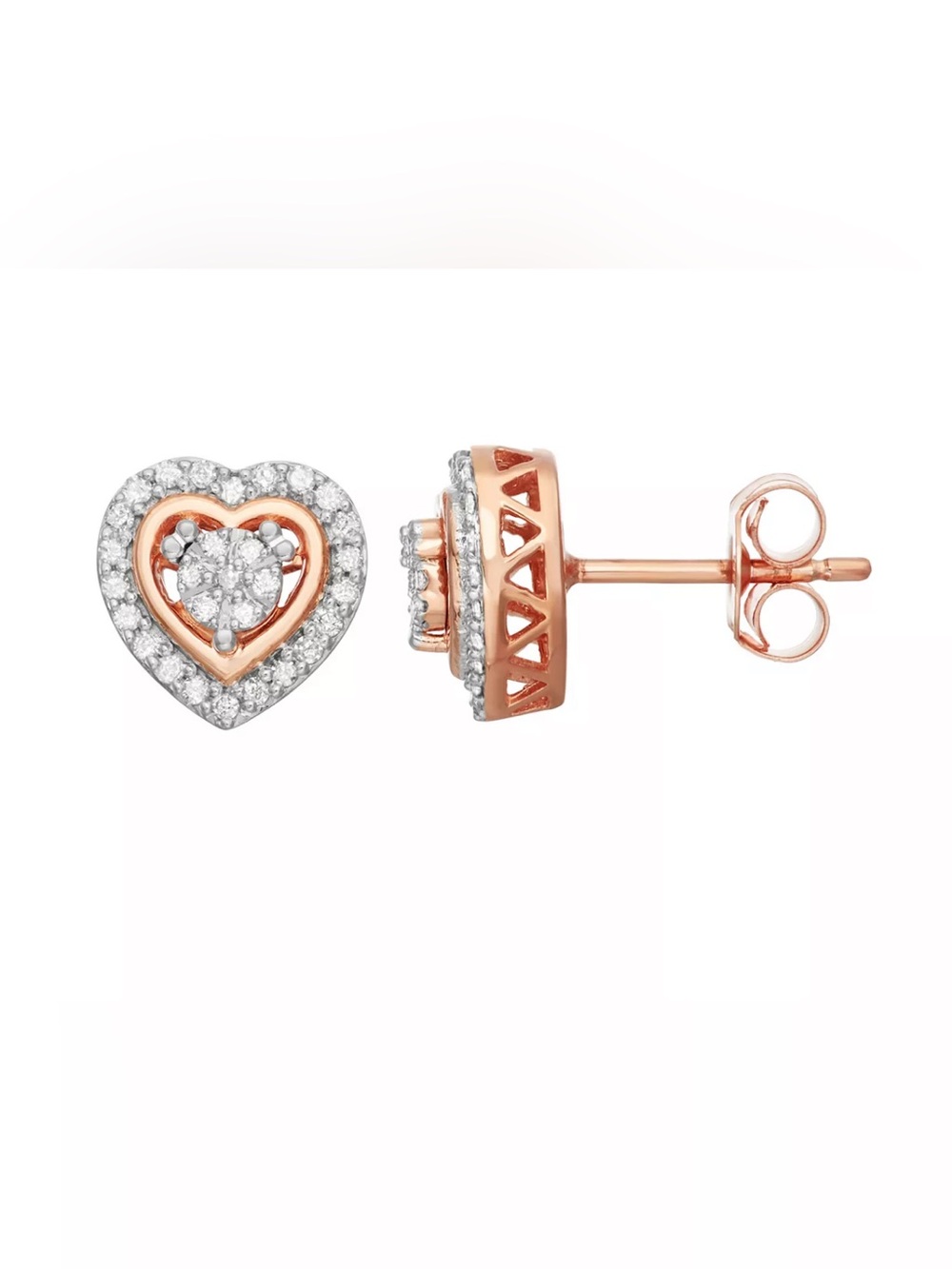 R H Macy & Co 14K Rose Gold Over Sterling Silver Heart Studs 1/10 CT TW Diamond